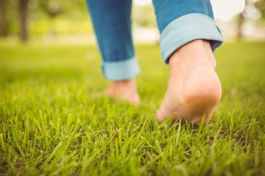 Low section of woman walking on grass in park Mind-Walk Zomer